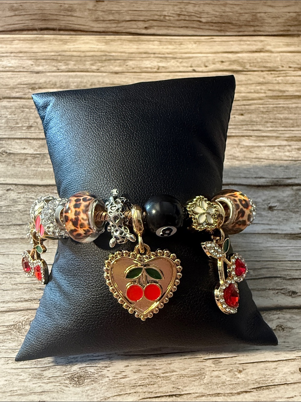 Gold-Tone Cherry Charm Bracelet with Red Enamel & Leopard Print Beads S-Steel